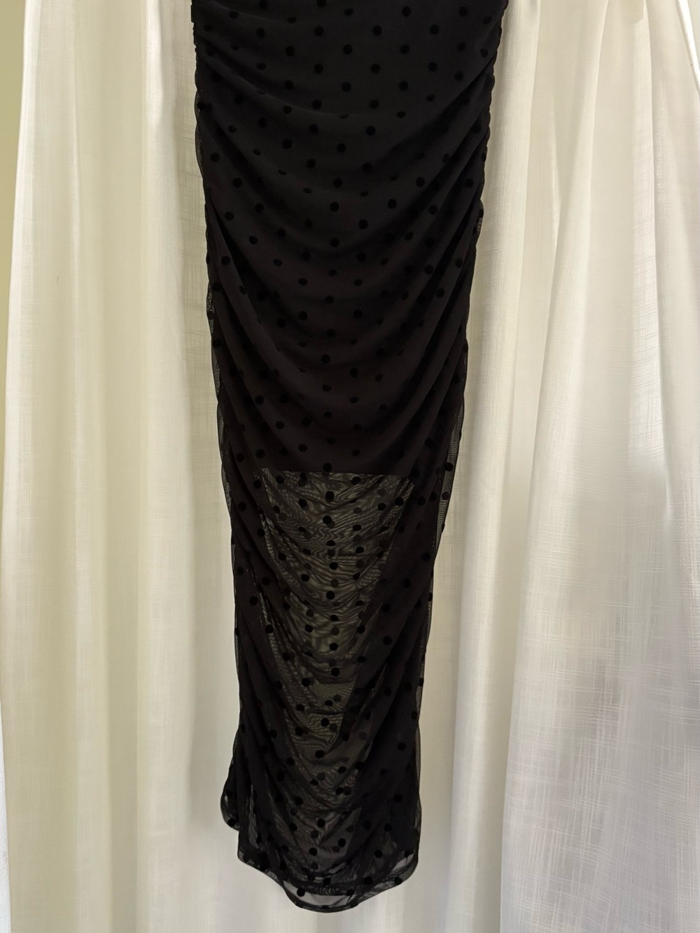 Black Polka Dot Midi Dress with Ruched Sheer Overlay